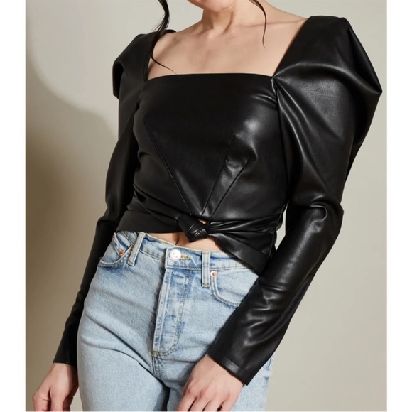 NWT Anthropologie Hutch Black Faux Leather Knotted Puff Sleeve Corset Crop Top - Picture 2 of 5